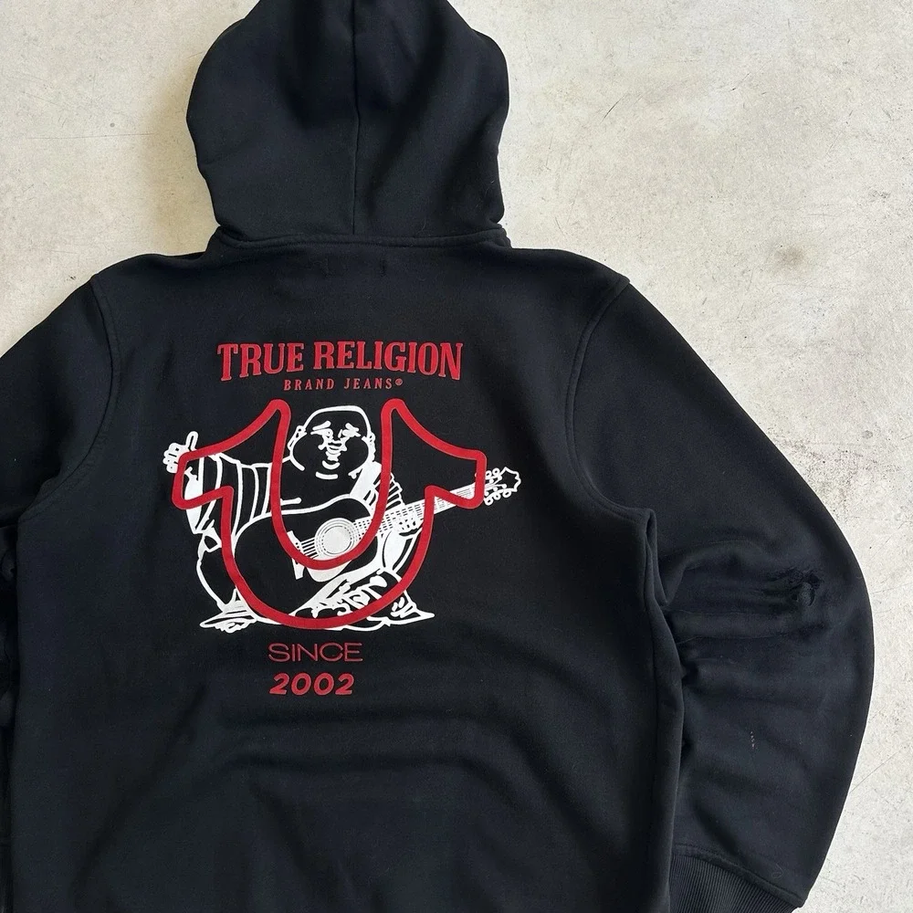 True Religion Men's M Black Full Zip Hoodie Graphic Logo Red Print Pockets